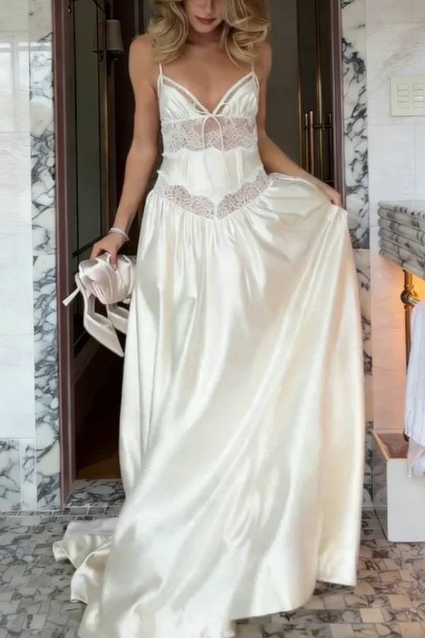 Delicate and Exquisite Satin Lace Patchwork Slip Bridal Gown Maxi Dress