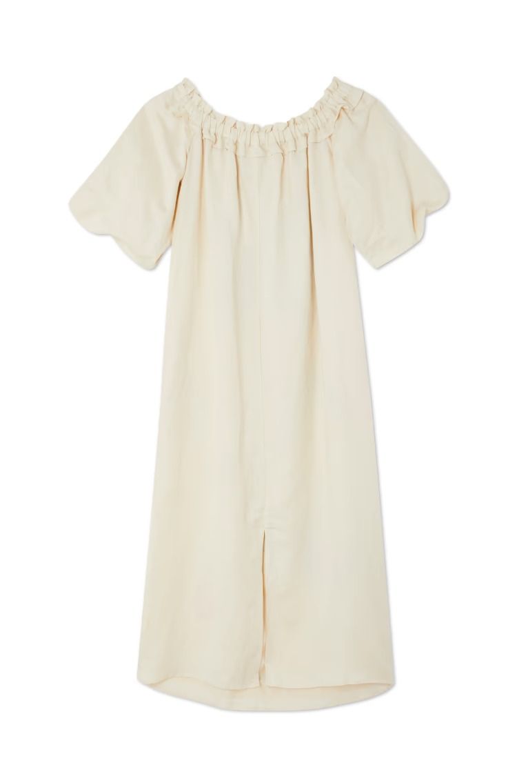 Sunveil – Trägerloses Maxikleid aus Leinenmischung mit einzigartigem Druck, Puffärmeln und Tasche