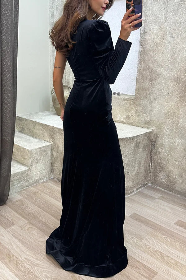 Mysterious Lady Velvet One Shoulder Sequin Trim Ruched Slit Maxi Dress