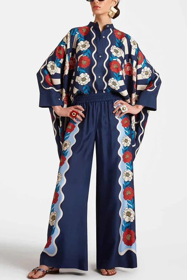 Stylish Unique Printed Irregular Loose Top and Elastic Waist Pocket Wide Leg Pants Set