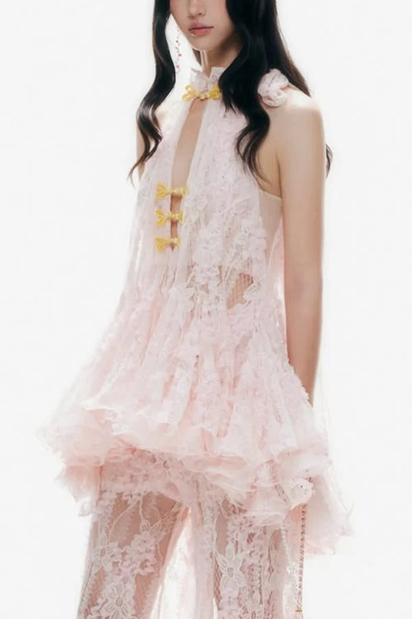 Cheongsam Style Lace Stand Neck Knots Button Ruffle Flare Hem Top