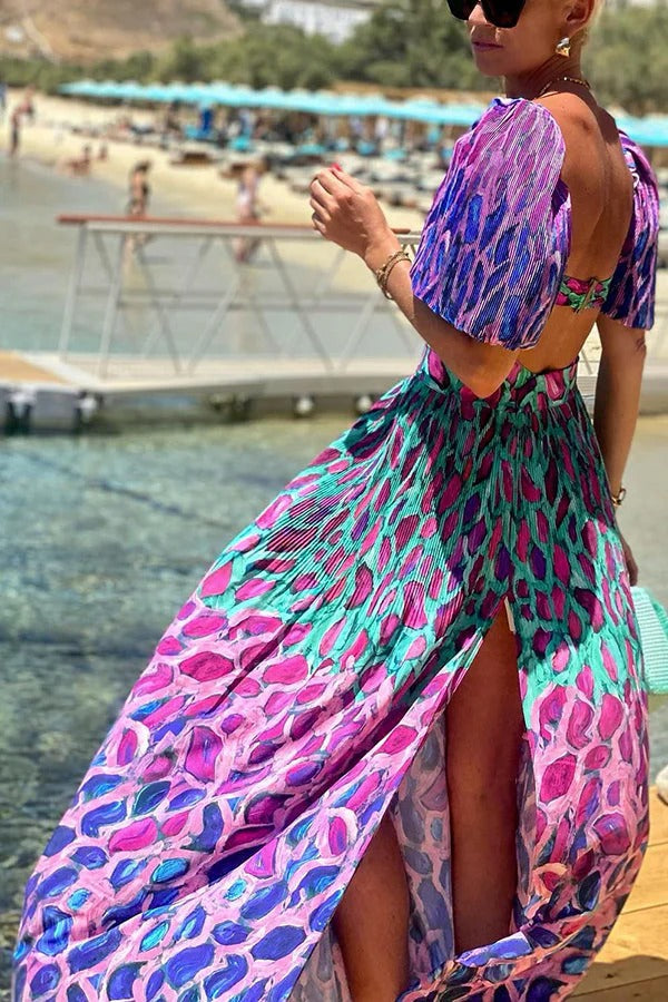 Mykonian Summer Unique Gradient Print Cutout Puff Sleeve Backless Slit Maxi Dress