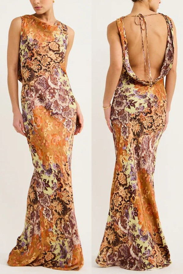 Look Luxe and Dreamy Satin Floral Print Back Cowl Neck Maxi Dress