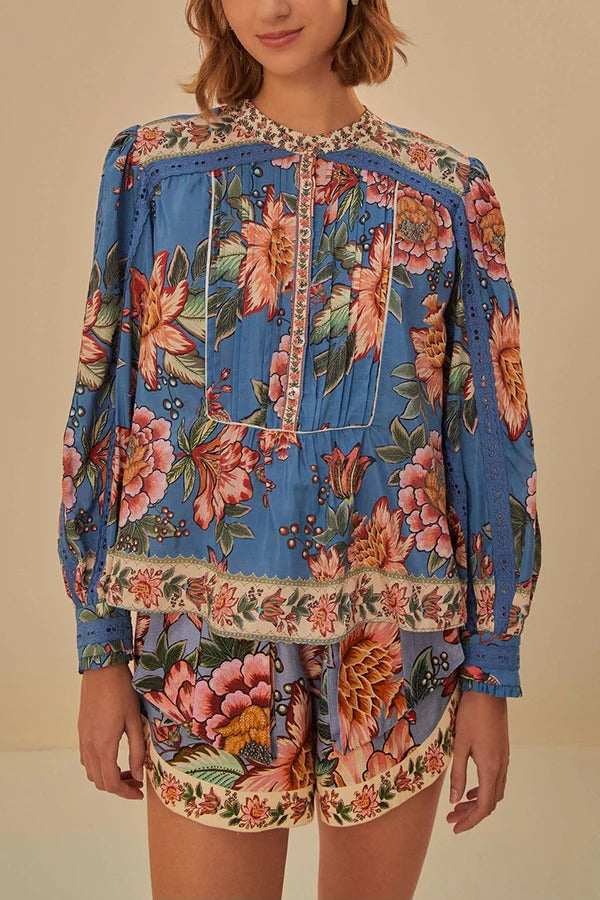 Wonderful Bouquet Floral Print Long Sleeve Blouse and Elastic Waist Pocketed Shorts Set