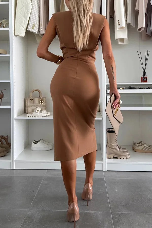 Robe mi-longue fendue, couleur unie, col rond, sans manches, coupe ajustée