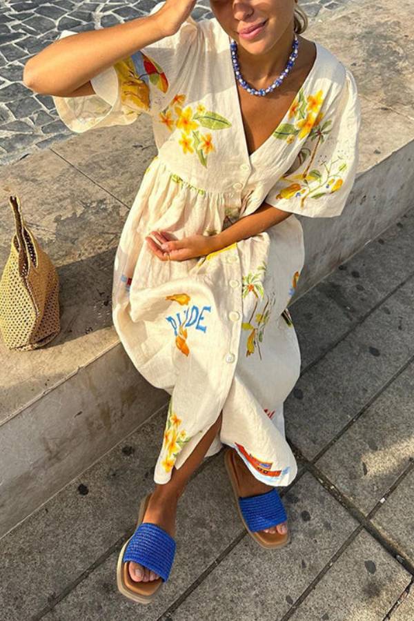 Cozy Summer Linen Blend Unique Print Button Puff Sleeve Loose Midi Dress