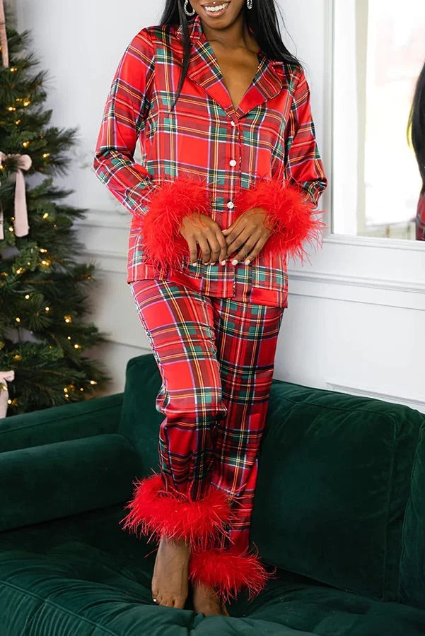 Christmas Besties Party Printed Feather Trim Elastic Waist Pocketed Pajama Set