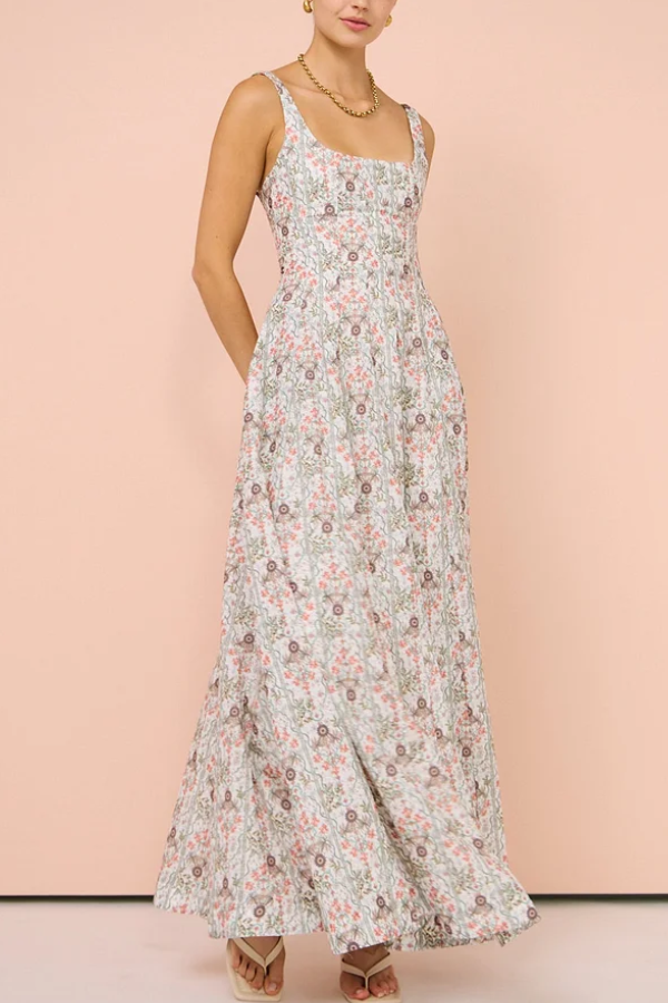 Floral Halter Waist Flat Collar Long Dress