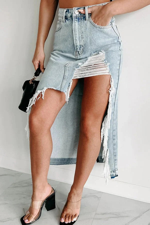 Darla Cutting Ties Heavily Distressed Denim Maxi Skirt