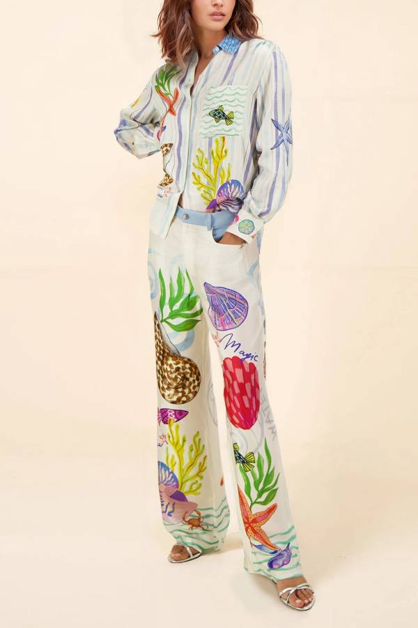 Dream Ocean Satin Unique Print Back Elastic Waist Pocketed Wide Leg Pants