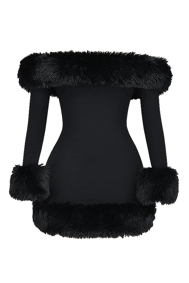 Off Shoulder Long Sleeve Faux Fur Cuff Trim Cocktail Party Bodycon Mini Dresses-Black