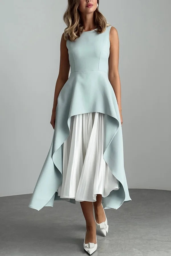 Calm and Elegant Pleated Patchwork Irregular Hem A-line Midi Dress