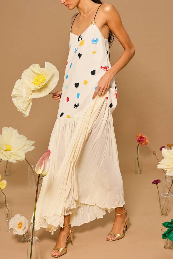 Ocean Dot Unique Print Starfish Metal Strap Pleated Chiffon Hem Maxi Dress