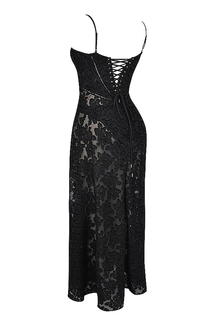 Floral Jacquard Lace Gothic Party Flowy Slip Maxi Dresses