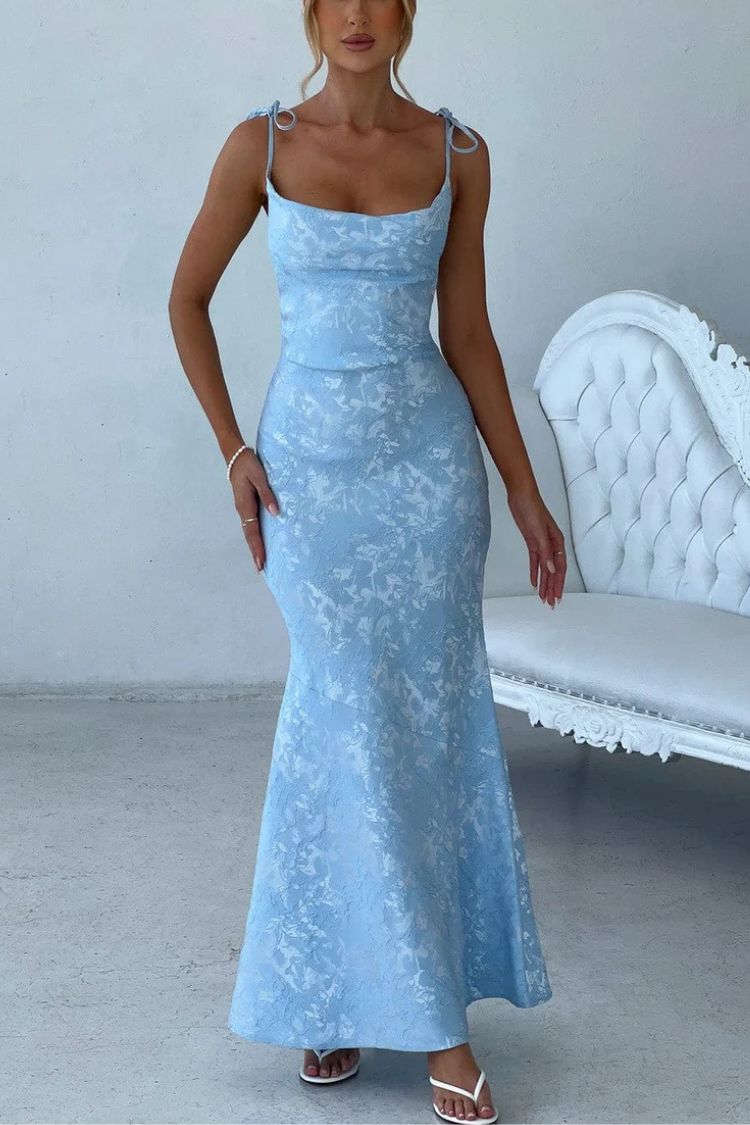 Jacquard Fabric Elegant Suspender Tie Slim Fishtail Maxi Dress