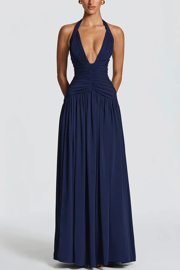 Amaris Halter Tie-up V-neck Ruched Detail Back Lace-up Slit Drape Maxi Dress