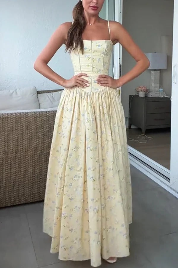 Romantic Countryside Stretch Cotton Blend Floral Print Cutout Trim Slip Midi Dress