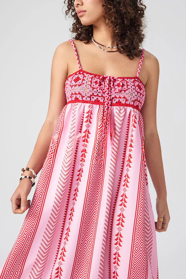 Unique Printed Patchwork Fringed Lace-up Maxi Dress