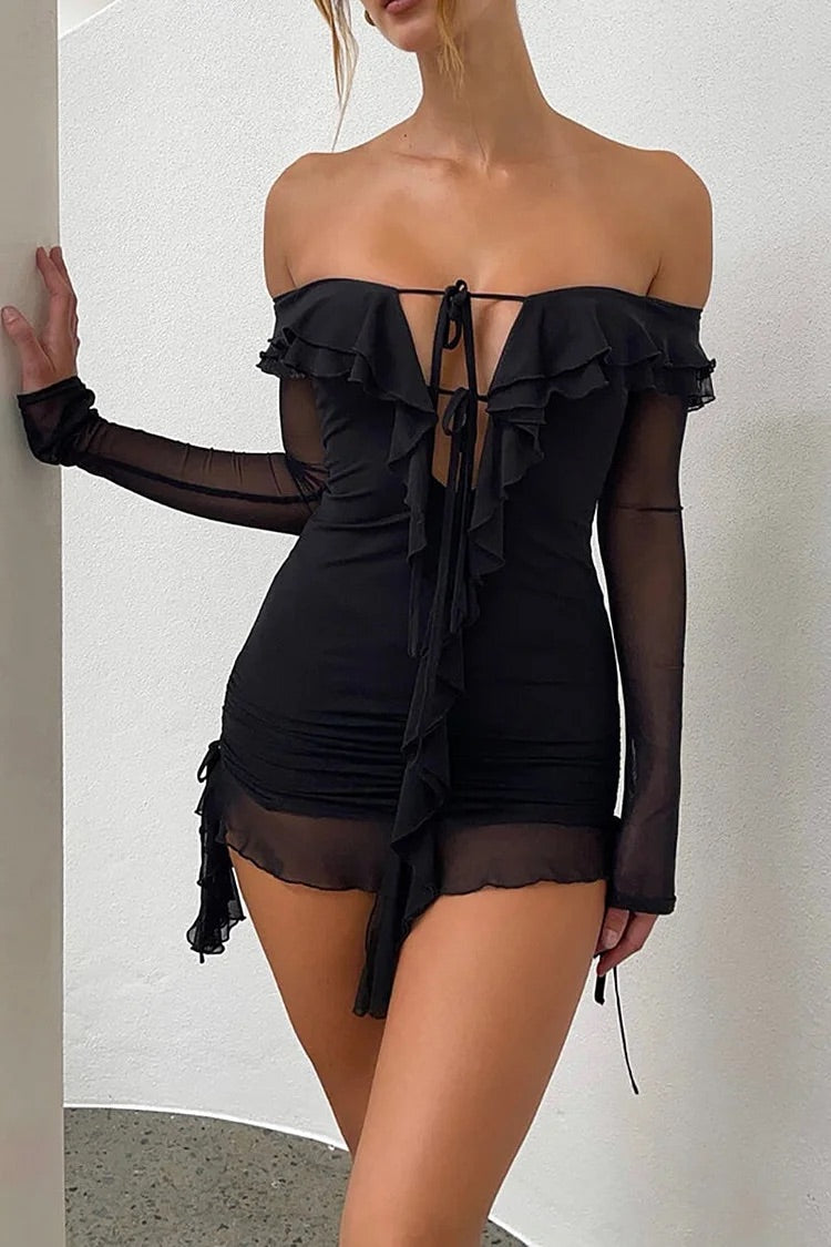 Off Shoulder Long Sleeve Tied Up Ruffle Party Mini Dress