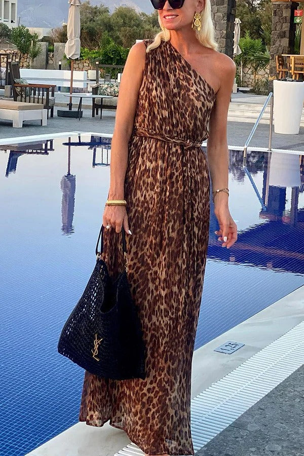 Occupy My Heart Leopard Print One Shoulder Belted Maxi Dress