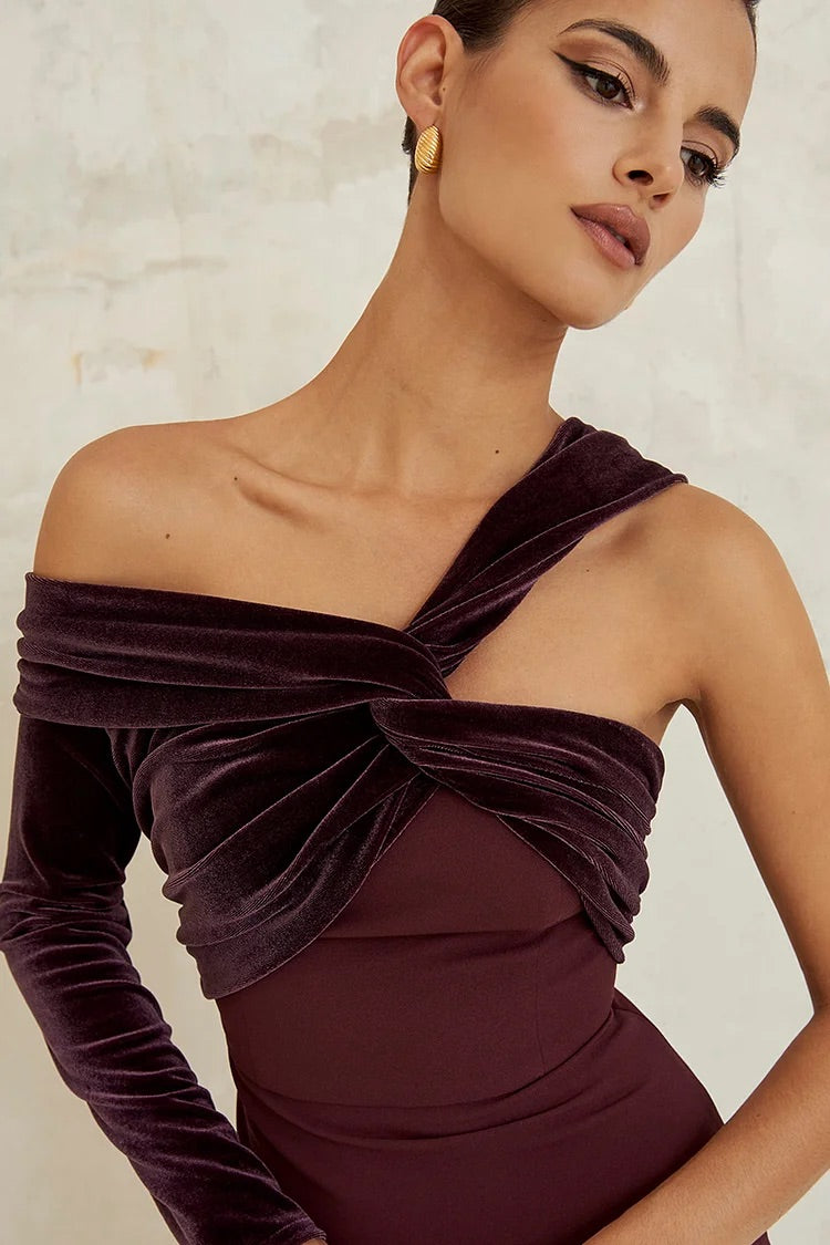 Velvet Patchwork Gowns Asymmetric Maxi Dresses-Burgundy