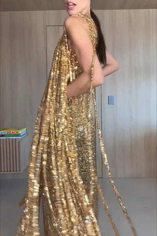 Holiday Muse Sequined Slit Tassels One Shoulder H-line Maxi Dress