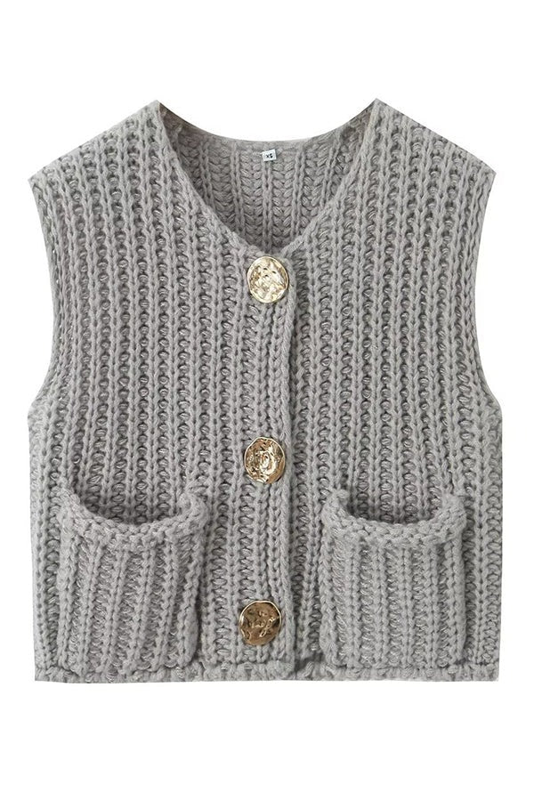 Solid Color Sleeveless Pocket Knitted Vest