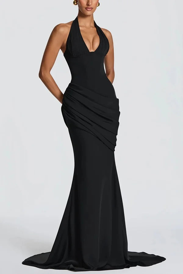 Nehemia Halter V-neck Back Lace-up Asymmetric Pleated Panel Drapes Maxi Dress