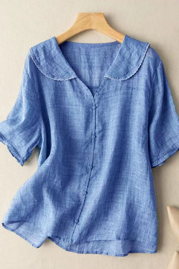 Cotton And Linen Retro Short Sleeved Navy Doll Collar Thin Shirt