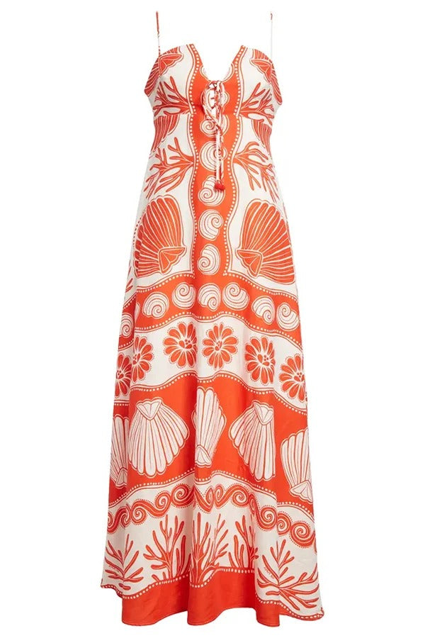 Beautiful Shell Unique Print Front Lace-Up Loose Maxi Dress