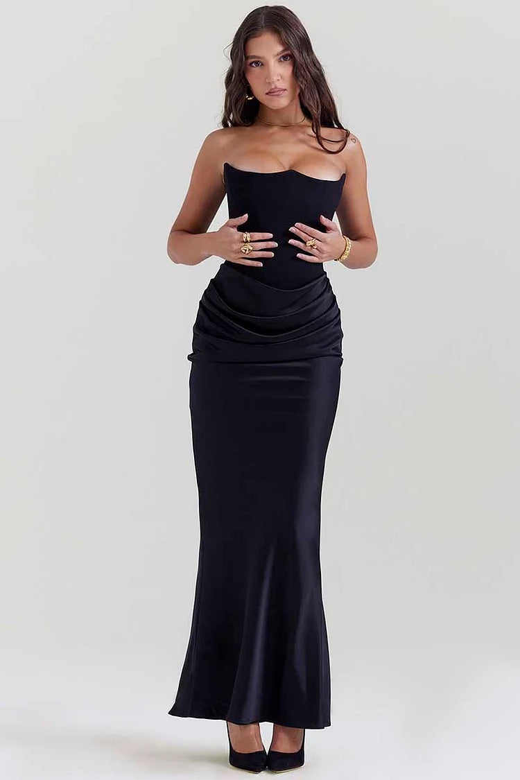 Elegant Strapless Patchwork Formal Party Fishtail Maxi Dresses-Black