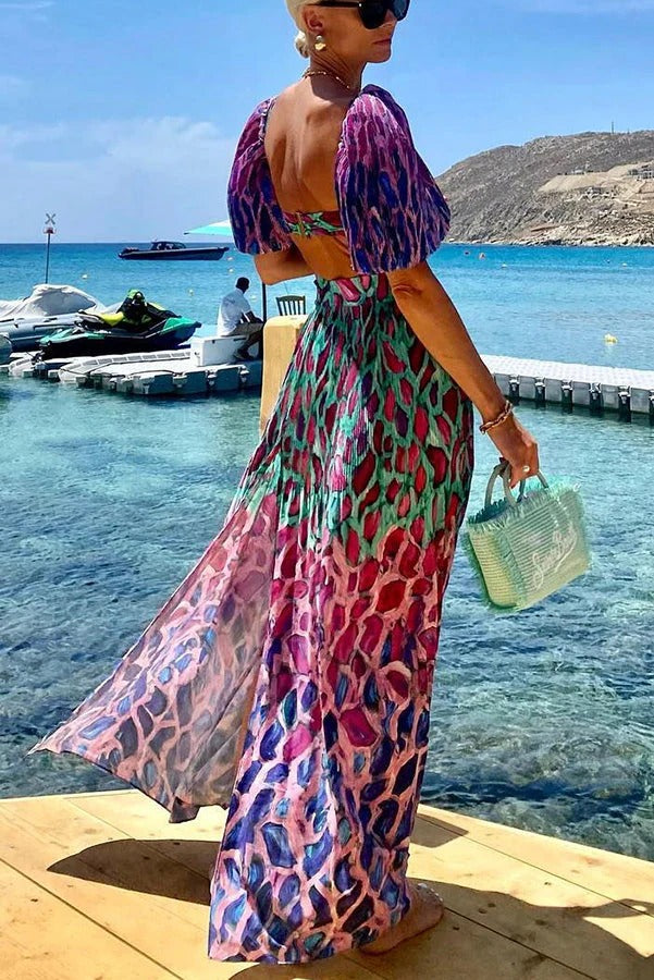 Mykonian Summer Unique Gradient Print Cutout Puff Sleeve Backless Slit Maxi Dress