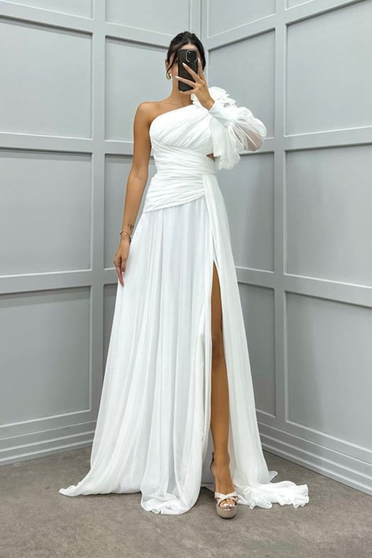 One Sleeve Shoulder Detail Design Evening Dress