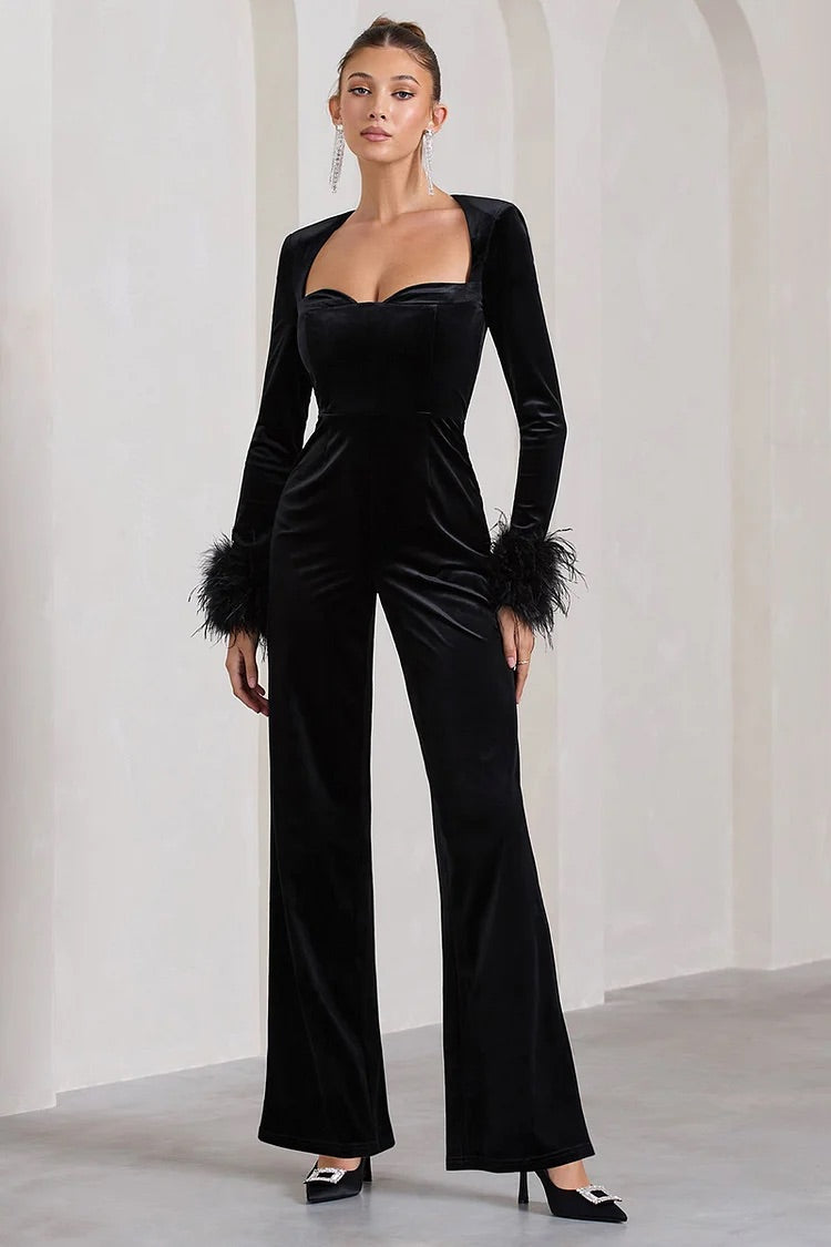 Long Sleeve Feather Cuff Cinch Waist Straight Leg Velvet Jumpsuit-Black