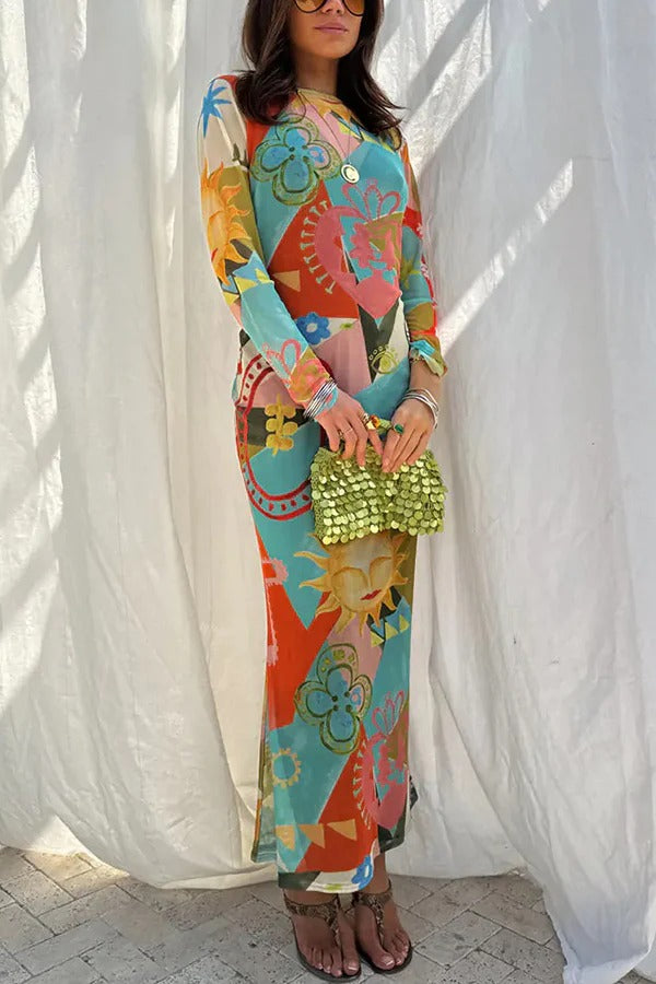 Sundazed Summer Mesh Colorful Unique Print Long Sleeve Stretch Maxi Dress