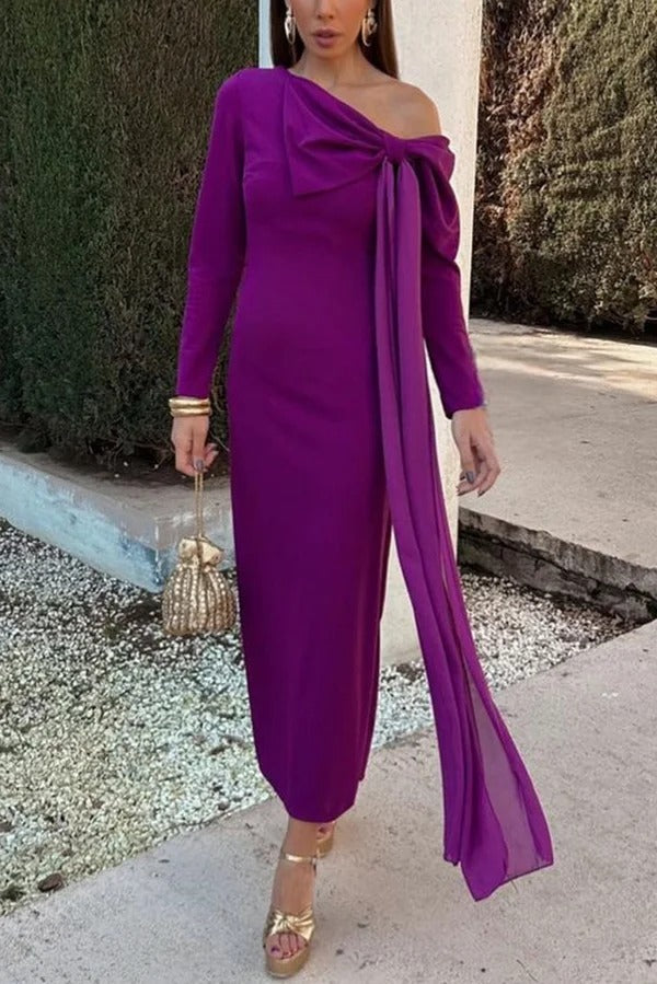 Vanessa Solid Color Long Sleeve Slim Fit Oversized Bow Tie Maxi Dress