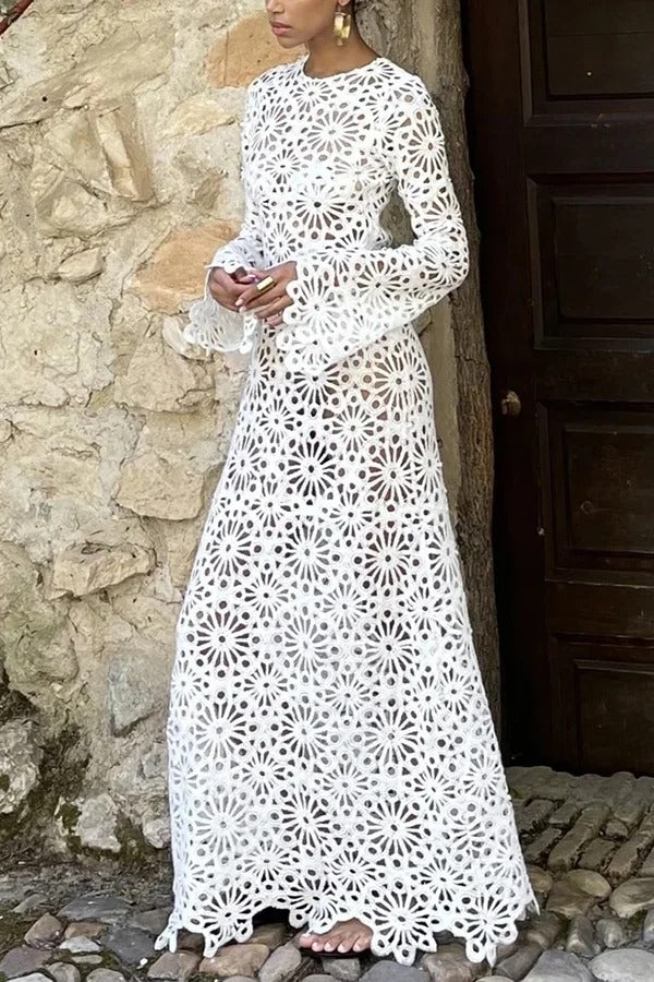 Island Break Crochet Flower Pattern Long Sleeve Backless Vacation Maxi Dress