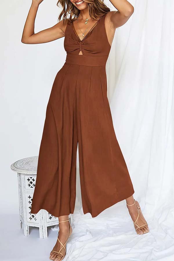 2023 SUMMER V NECK CUTOUT ADJUSTABLE STRAPS WIDE LEG JUMPSUITS