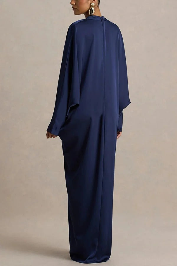 Tina Satin Plunge V-neck Gold Trim Detail Long Batwing Sleeve Maxi Dress