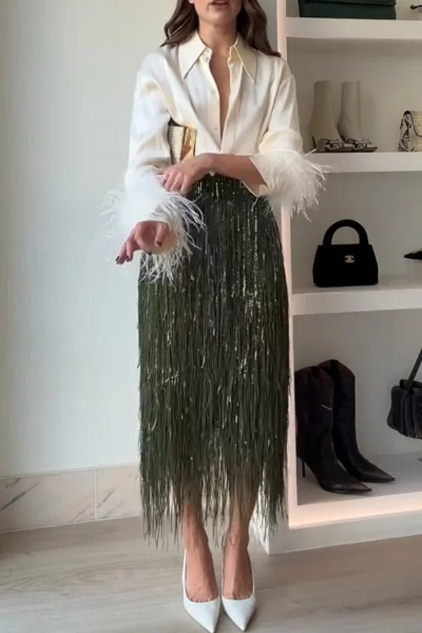 Party Crasher Layered Sequined Tassels High Rise Back Zipper Midi Skirt