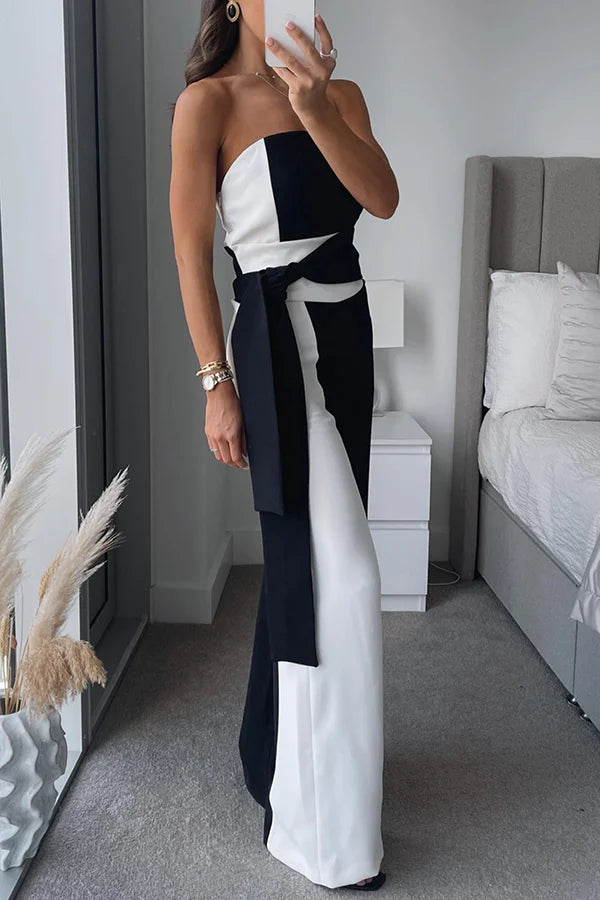 Fashionable for Formal Color Block Tie-up Bandeau Wide Leg Jumpsuit