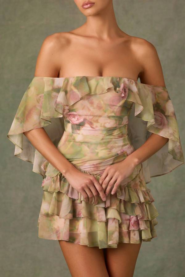 Chiffon Floral Print Elegant Multi-Layered Ruffle Mini Dress