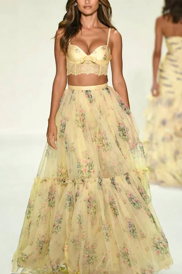 Vita Floral Satin Bow Lace Back Lace-up Crop Tank and Tulle High Rise A-line Maxi Skirt Set