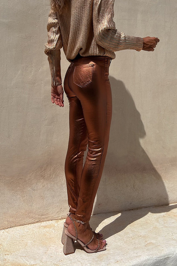 Sweet and Glitzy Metallic Color Pocket Faux Leather Stretch Pants