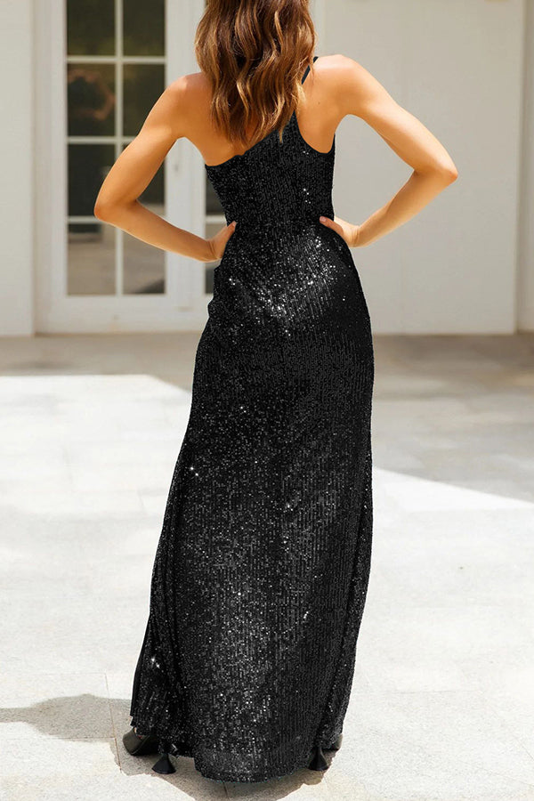 Stunning Views Sequined One Shoulder Slit Maxi Dress