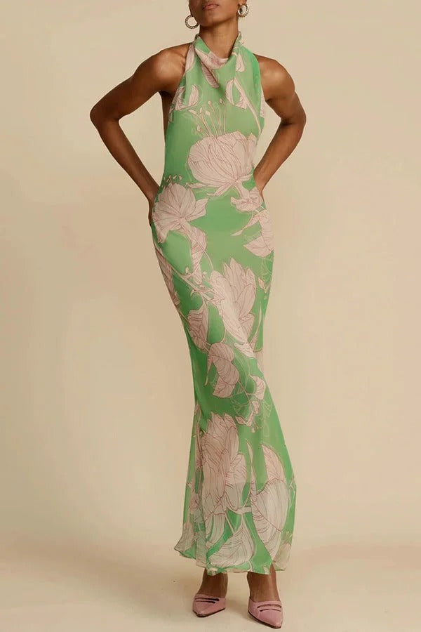 Josefine Floral Print Halter Cowl Neck Backless Tie-up Maxi Dress