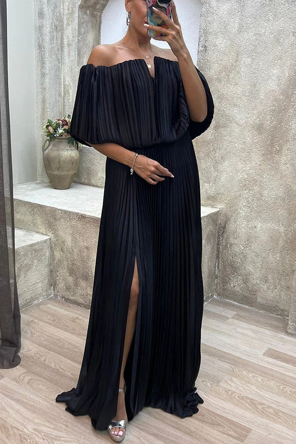 Shelley Pleated Off Shoulder Elastic Waist Slit Maxi Dress