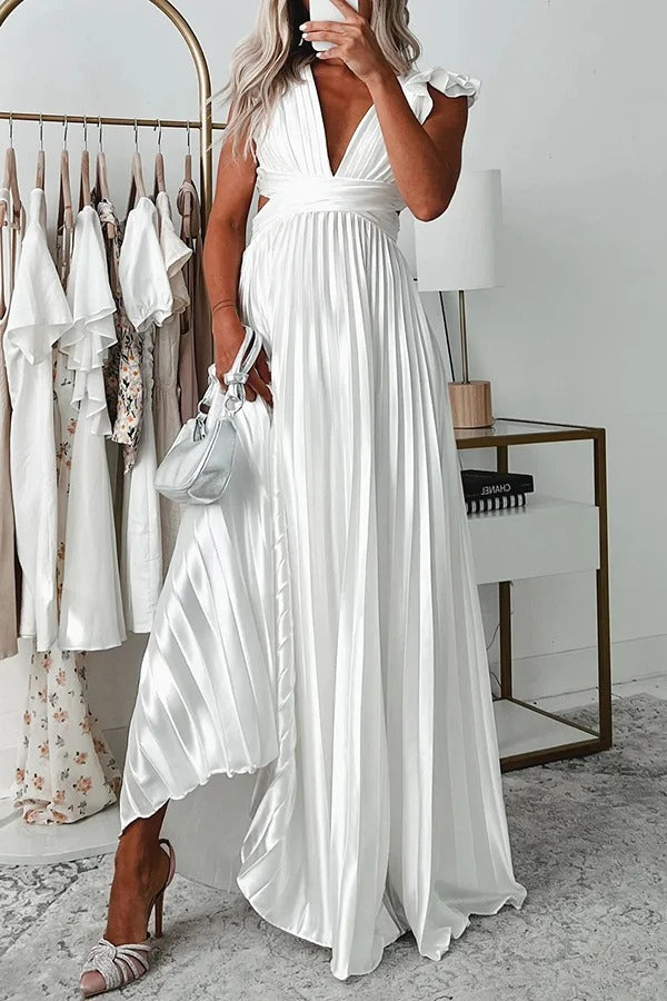 Opulent Occasion Satin Pleated Ruffle Sleeve Back Lace-up Maxi Dress