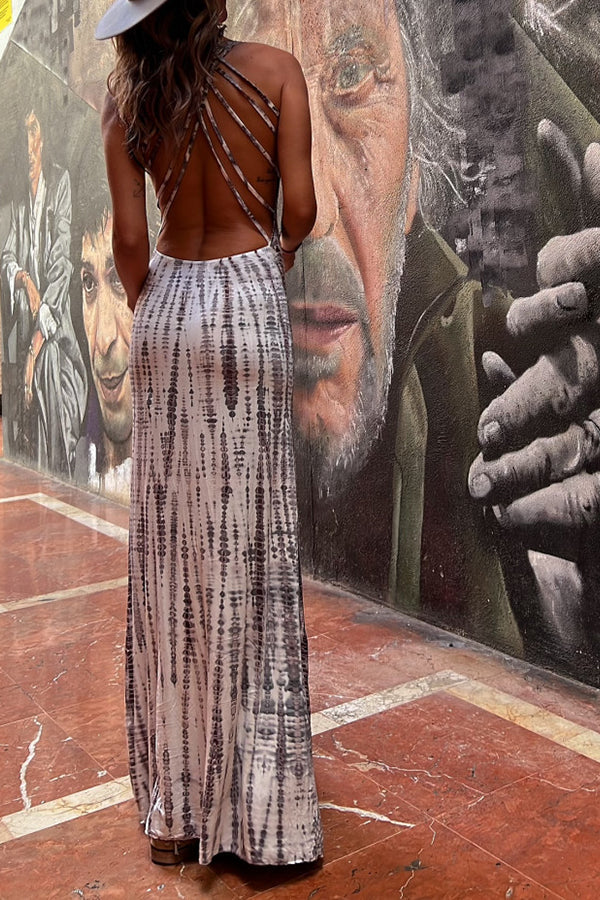Robe longue extensible à lacets et imprimé tie-dye moderne