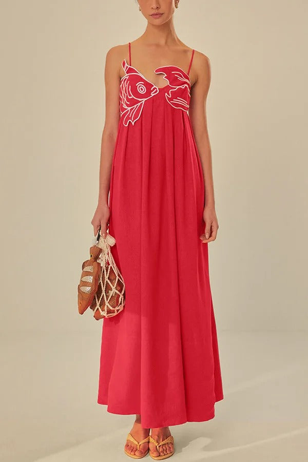 Red Fish Embroidered Sling Backless Maxi Dress